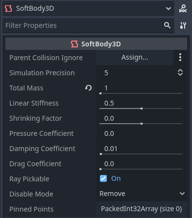 Réglage des propriétés de simulation SoftBody3D dans l'inspecteur